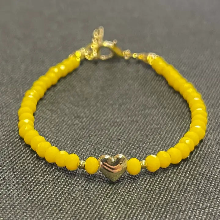 Crystal Beaded Bracelet with Heart Charm - 6 Color Options