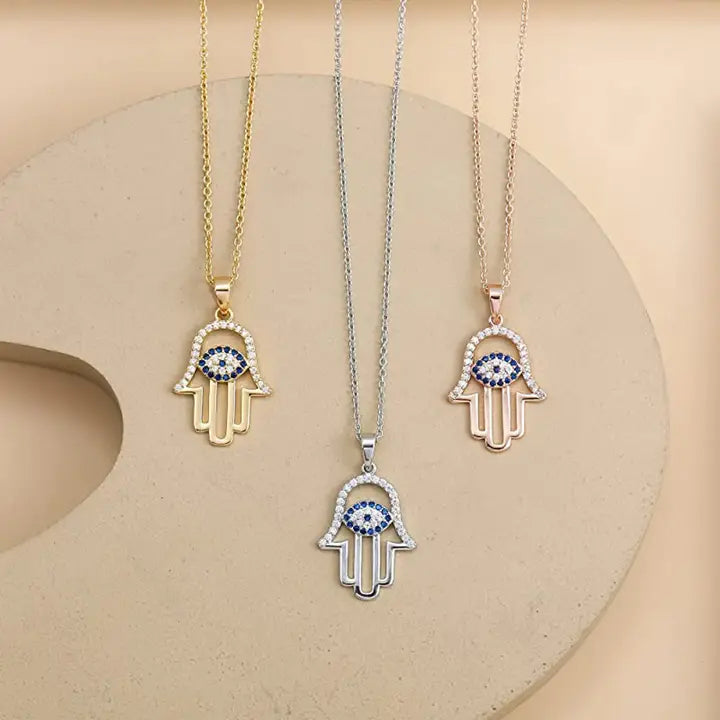 925 Sterling Silver Hamsa Hand Necklace with Evil Eye 