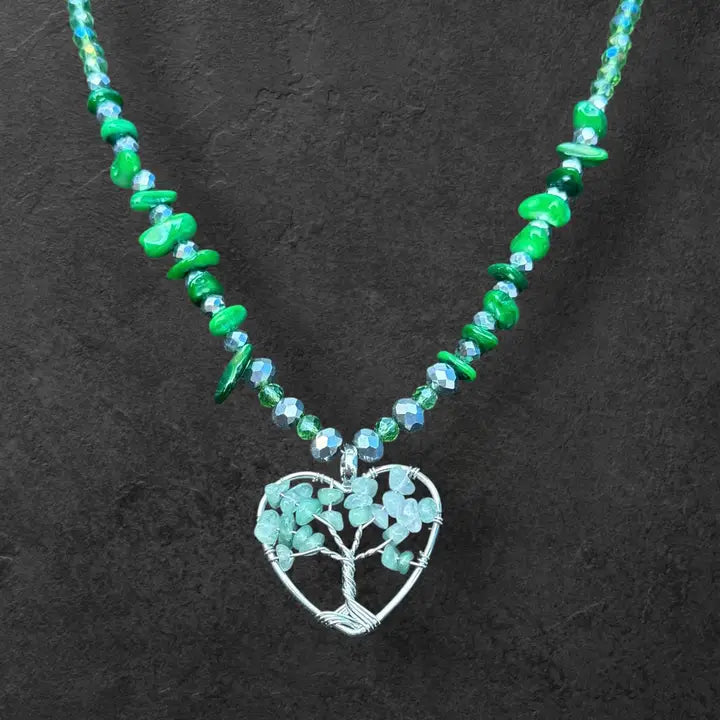 Green Aventurine Tree of Life Heart Necklace - Chakras