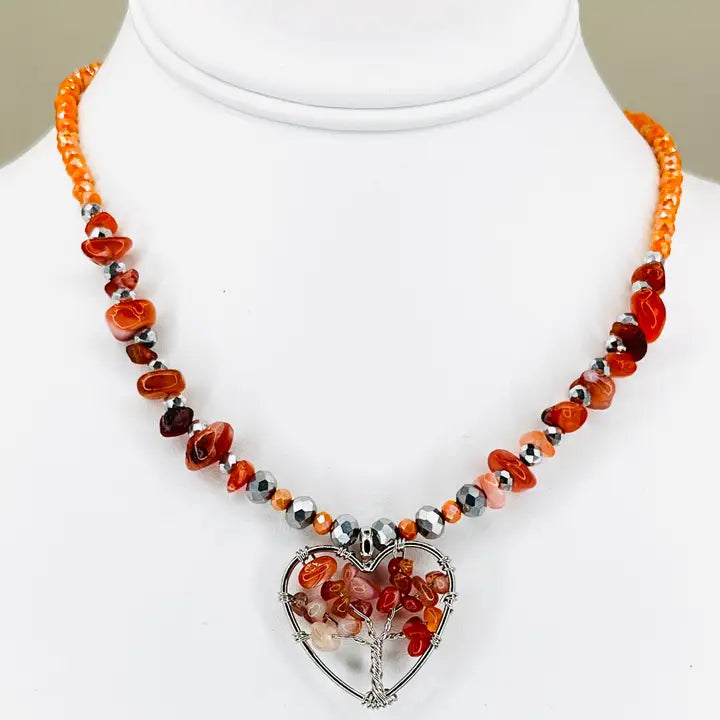 Red Agate Heart Necklace – Tree of Life Energy Pendant