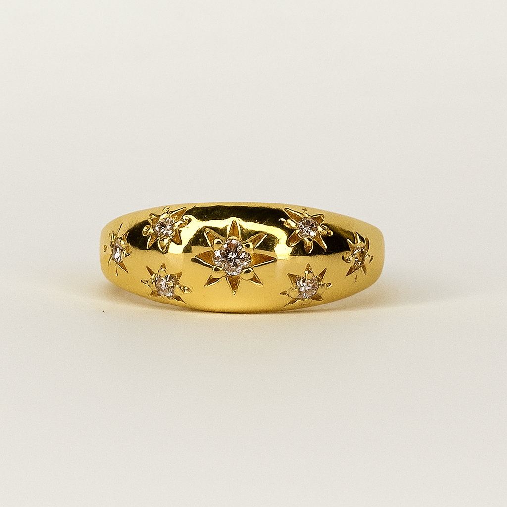 North Star Dome Ring – Golden Polished Band with Starbursts