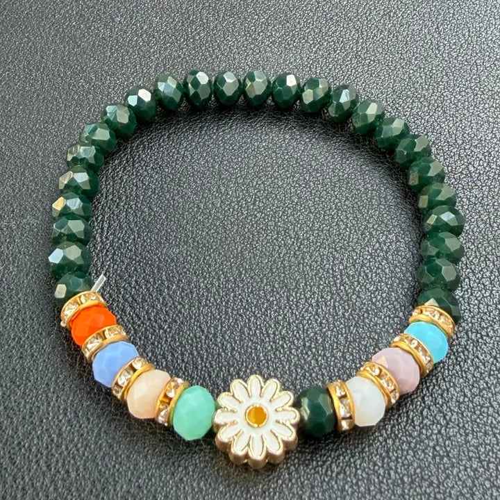 Stretchy Beaded Flower Charm Bracelets – 7 Color Set 