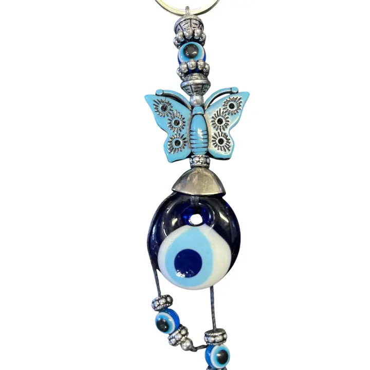 Blue Stone Butterfly Patterned Keychain - Handmade Glass