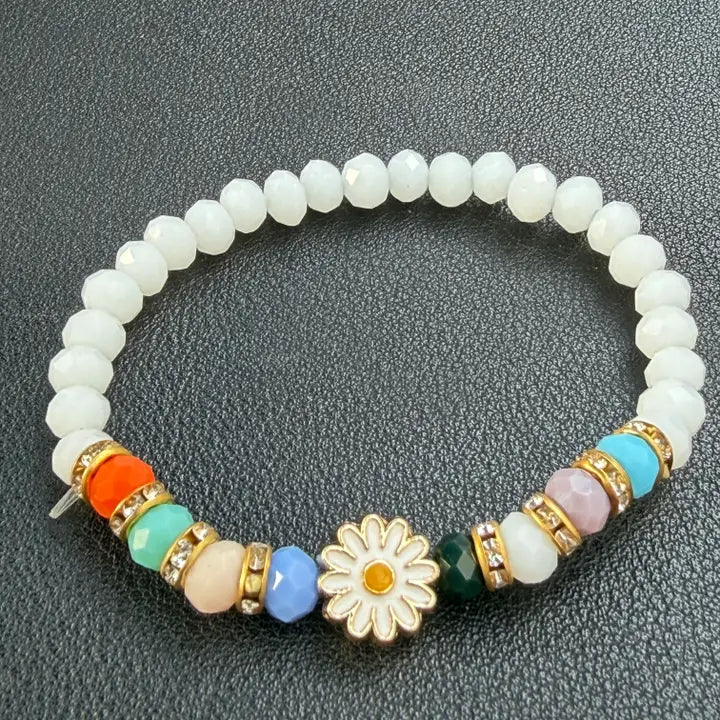 Stretchy Beaded Flower Charm Bracelets – 7 Color Set 