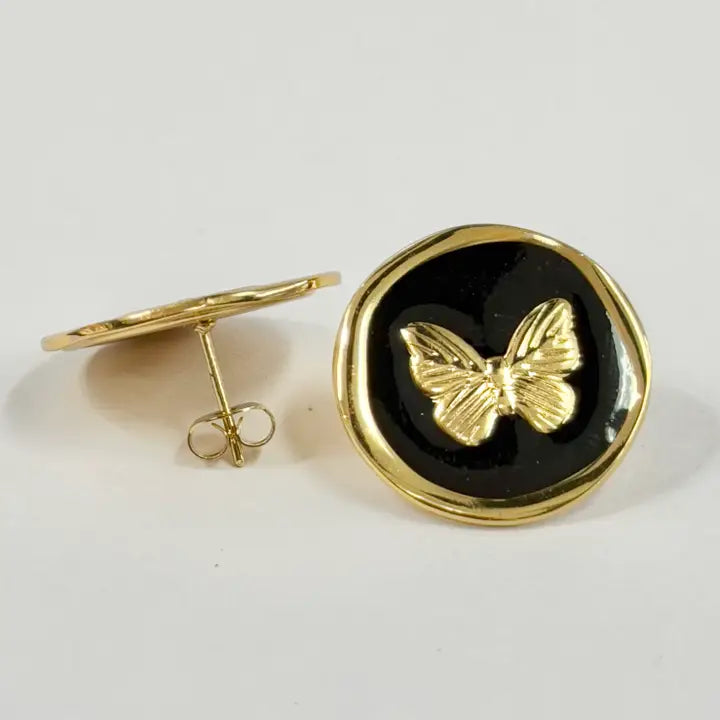 Stainless Steel Gold Black Enamel Butterfly Stud Earrings