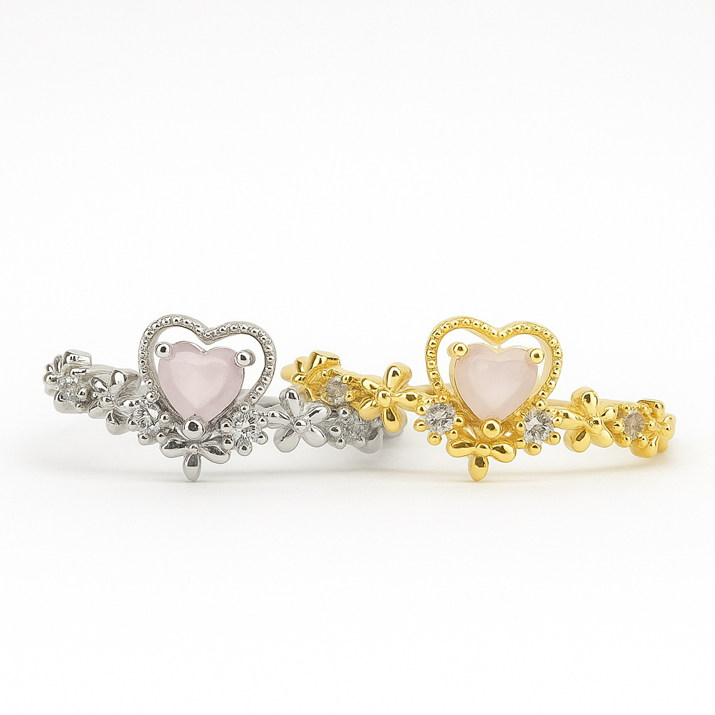 Blush Heart Flower Ring – Adjustable Pastel Pink Crystal Band Golden & Silver Color