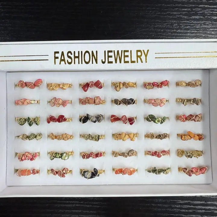 Gemstone Wire-Wrapped Rings – Assorted Colors (Box of 36)