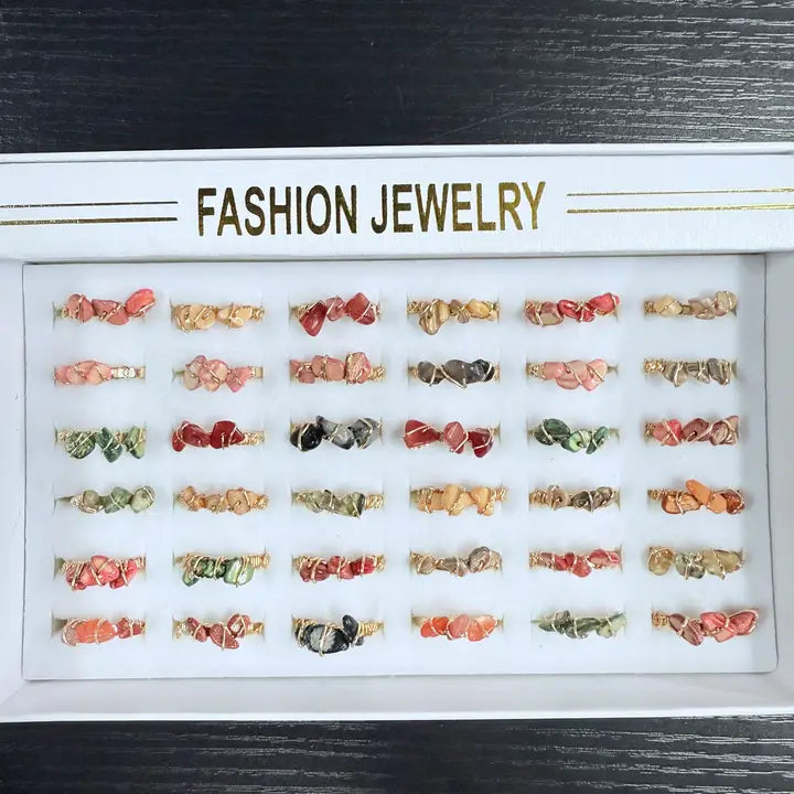 Gemstone Wire-Wrapped Rings – Assorted Colors (Box of 36)