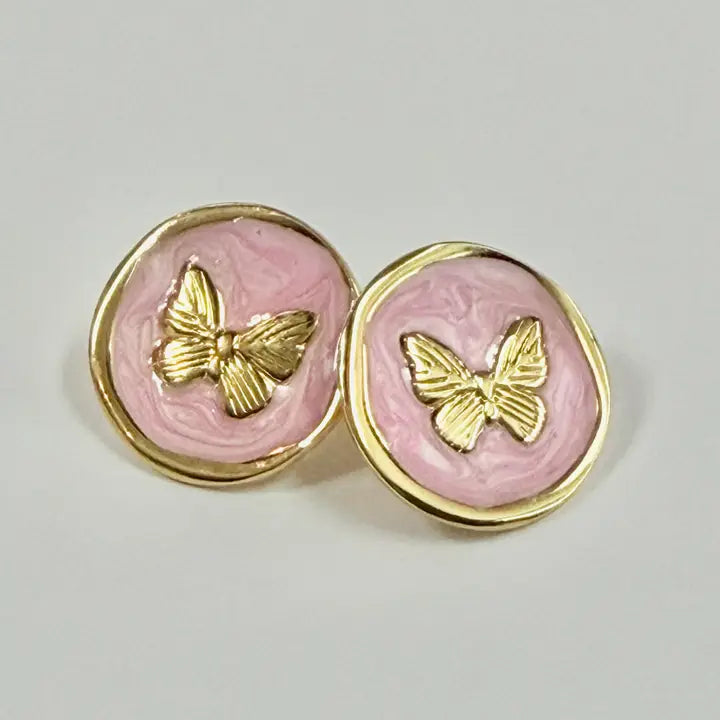 Stainless Steel Gold Pink Enamel Butterfly Stud Earrings