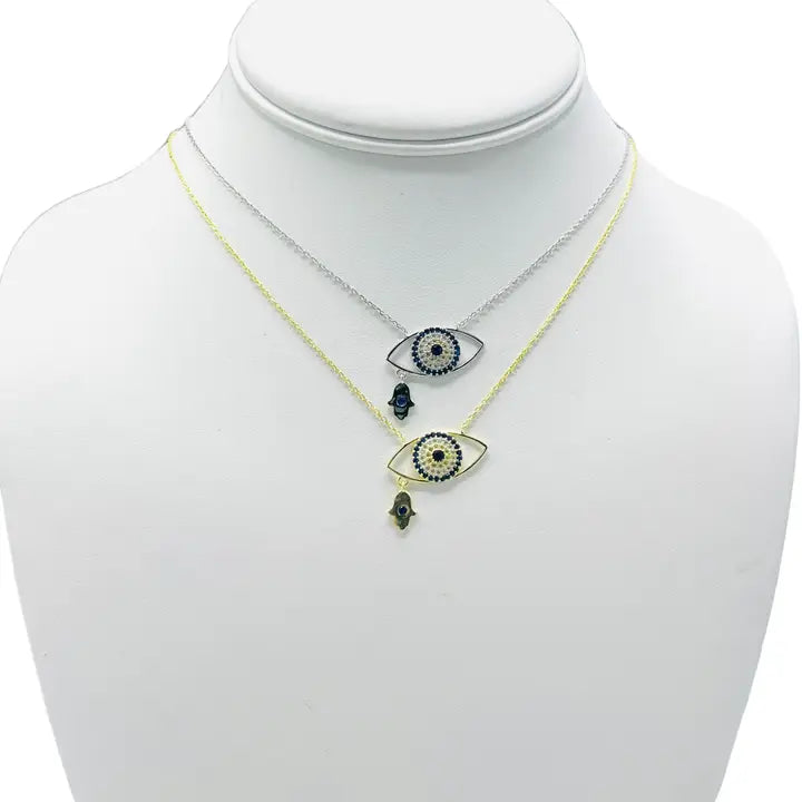 925 Sterling Silver - Large Oval Evileye With Hamsa Necklace