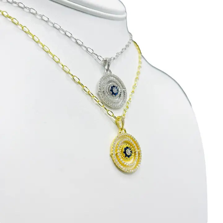 925 Sterling Silver - Large Round Oval Evileye Necklace