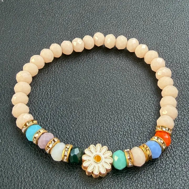 Stretchy Beaded Flower Charm Bracelets – 7 Color Set 