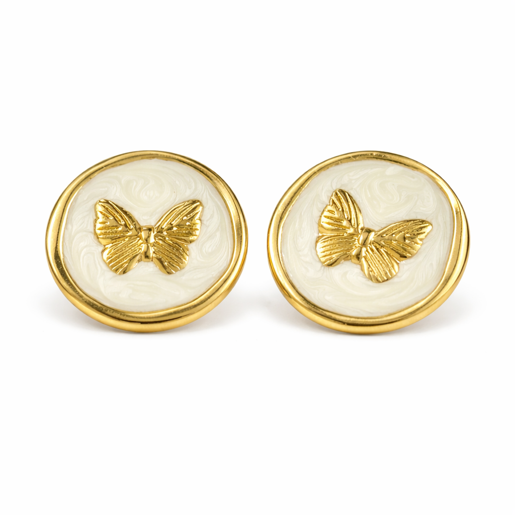 Stainless Steel Gold White Enamel Butterfly Stud Earrings