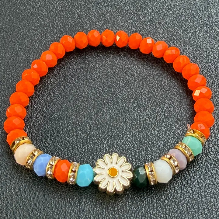 Stretchy Beaded Flower Charm Bracelets – 7 Color Set 