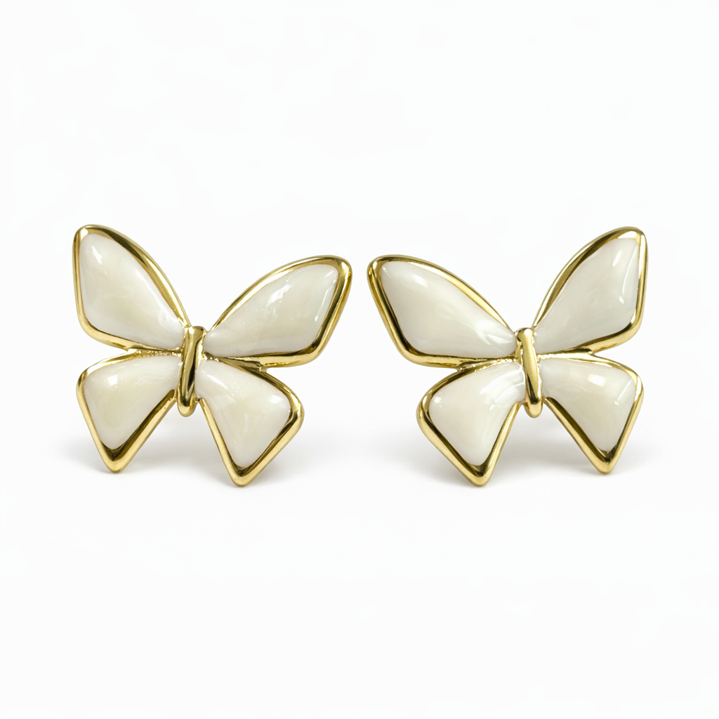 Stainless Steel Gold White Enamel Butterfly Stud Earrings