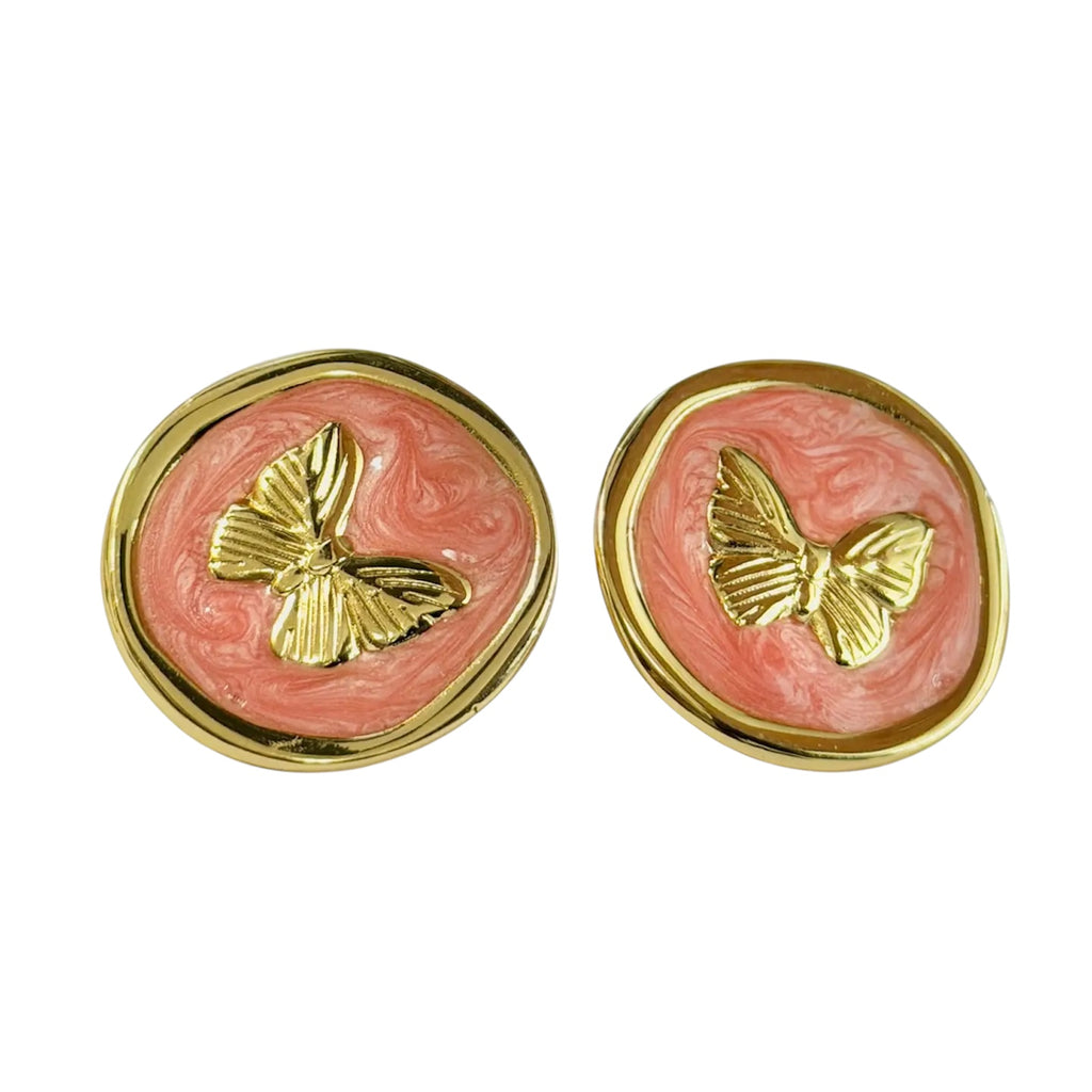 Stainless Steel Gold Coral Enamel Butterfly Stud Earrings