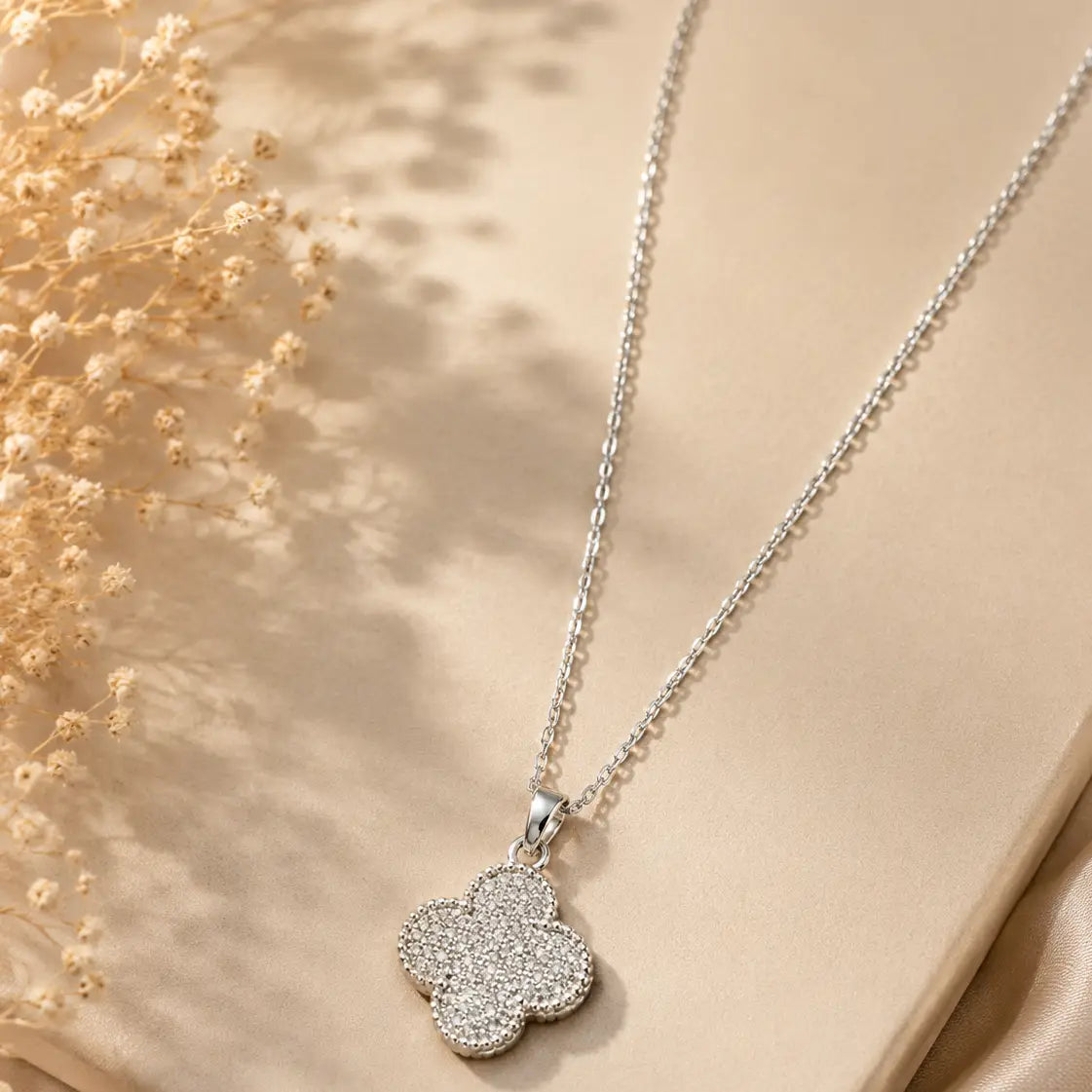 Crystal Clover Pendant Necklace–Silver Plated/StainlessSteel