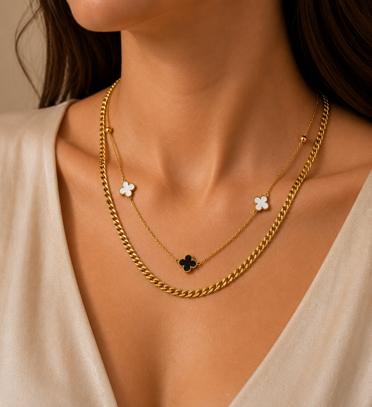 Clover Station Layer Chain Necklace-Gold & Silver Plated