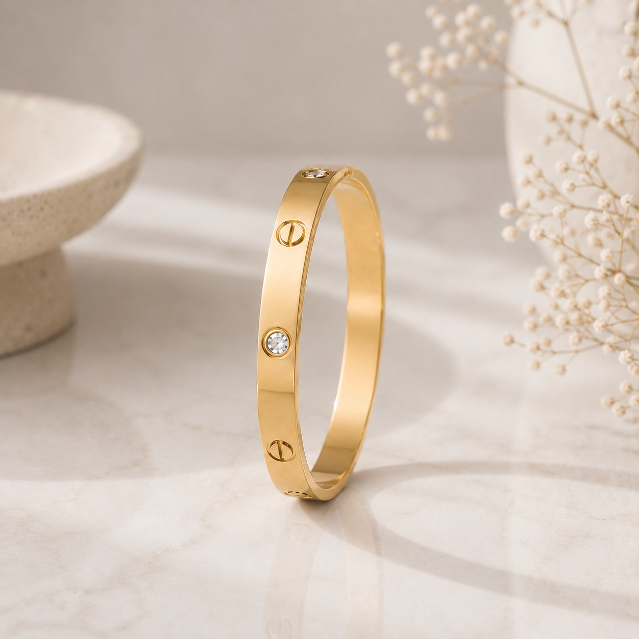 Bold Crystal & Screw Bangle Bracelet - Stainless Steel