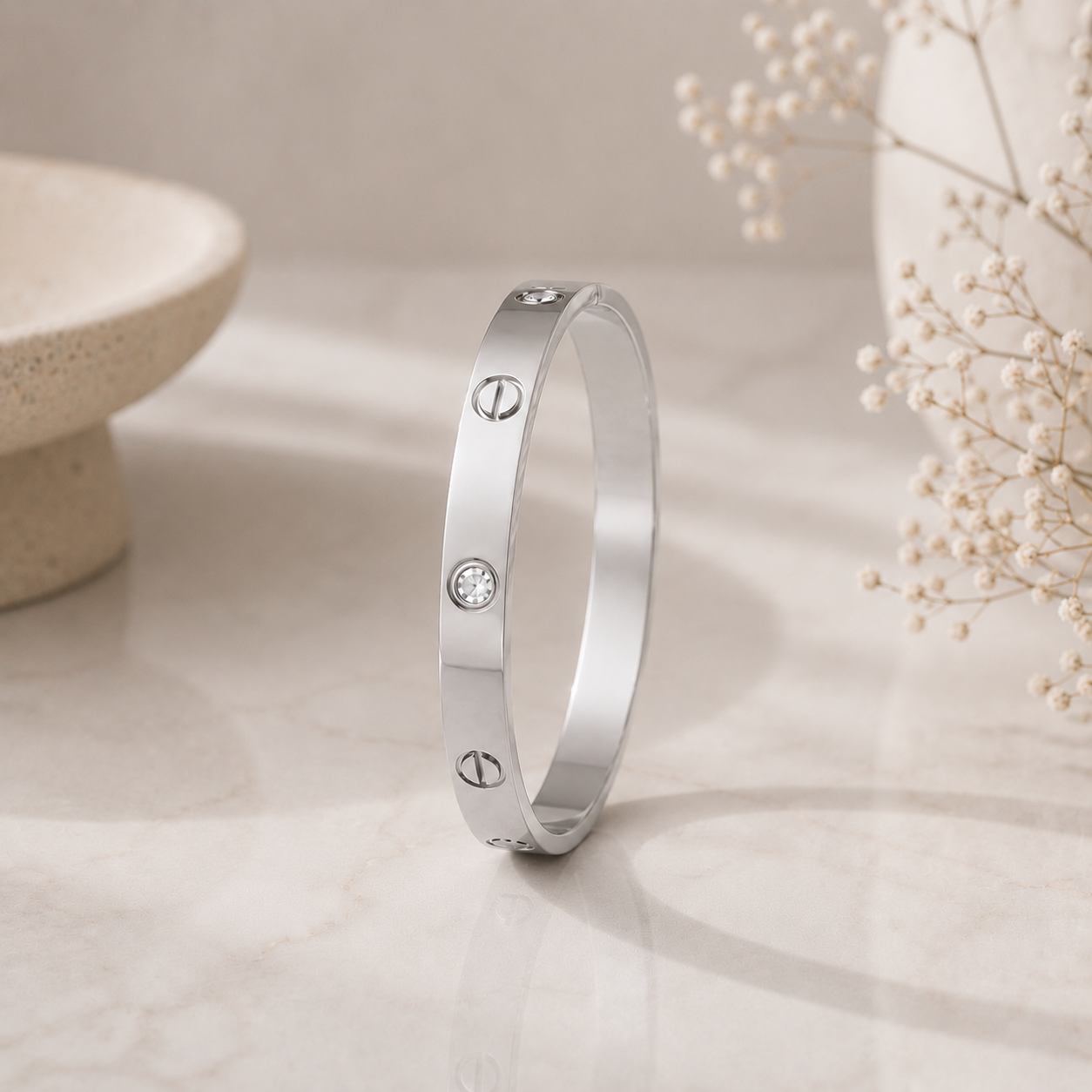 Bold Crystal & Screw Bangle Bracelet - Stainless Steel