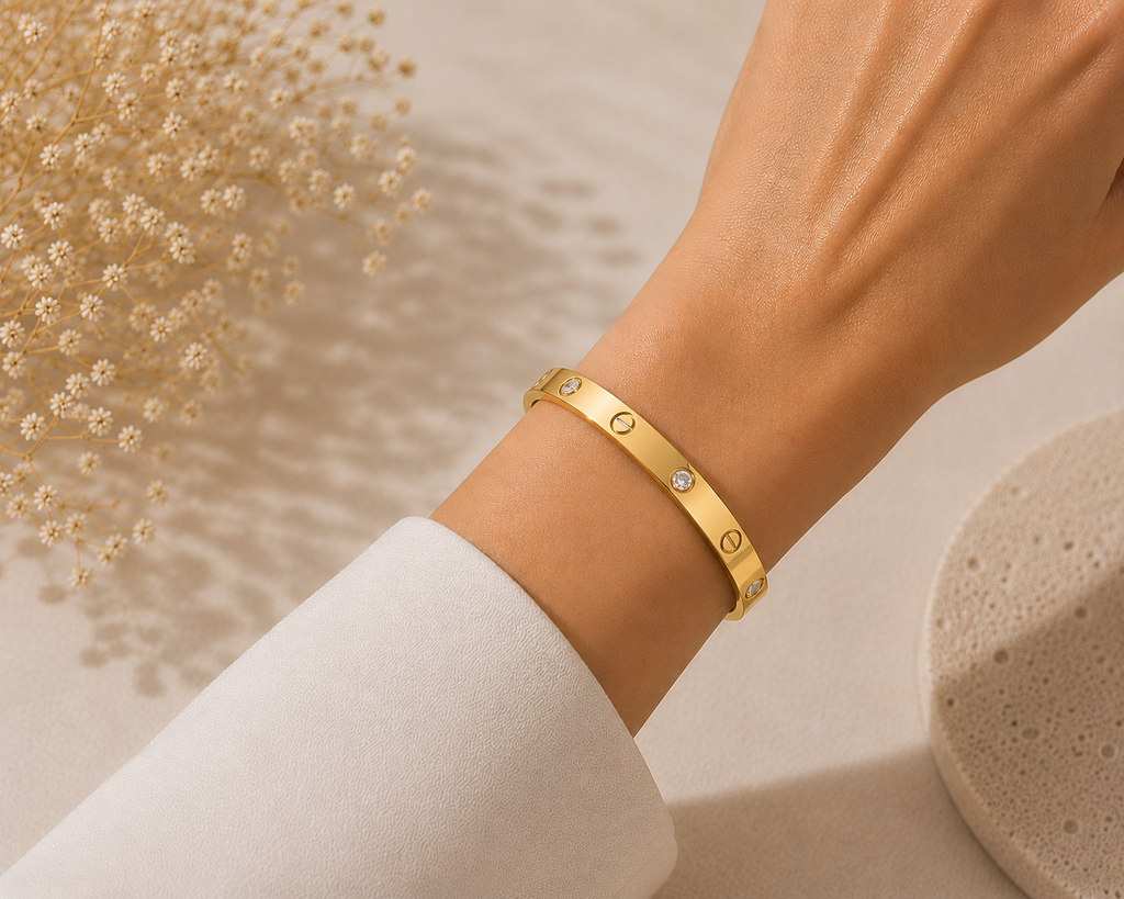Bold Crystal & Screw Bangle Bracelet - Stainless Steel