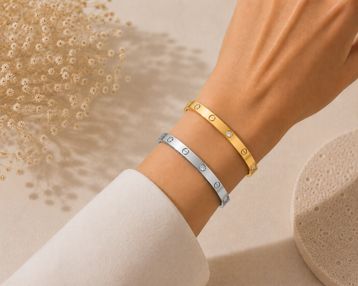 Bold Crystal & Screw Bangle Bracelet - Stainless Steel
