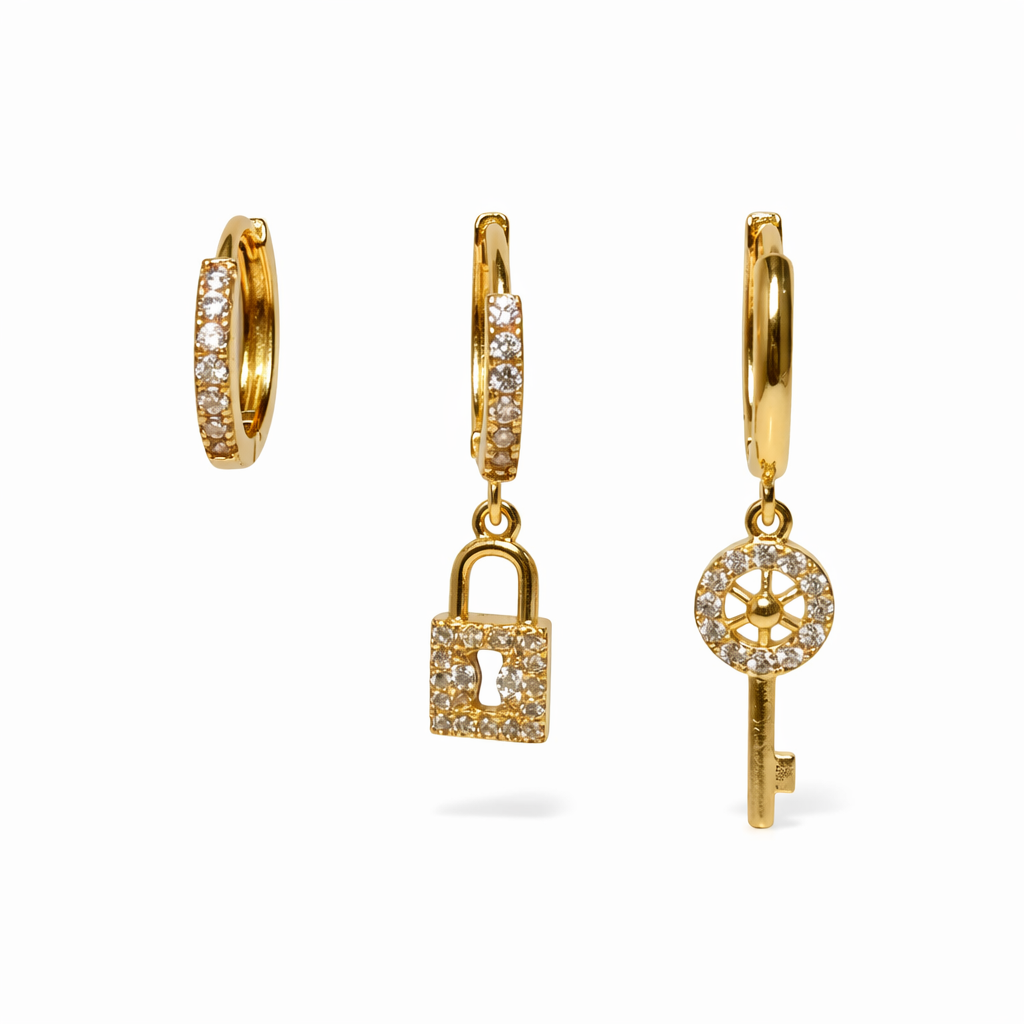 Stainless Steel Golden Huggie Hoop Earrings with CZ Lock Charm