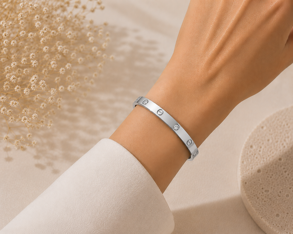 Bold Crystal & Screw Bangle Bracelet - Stainless Steel