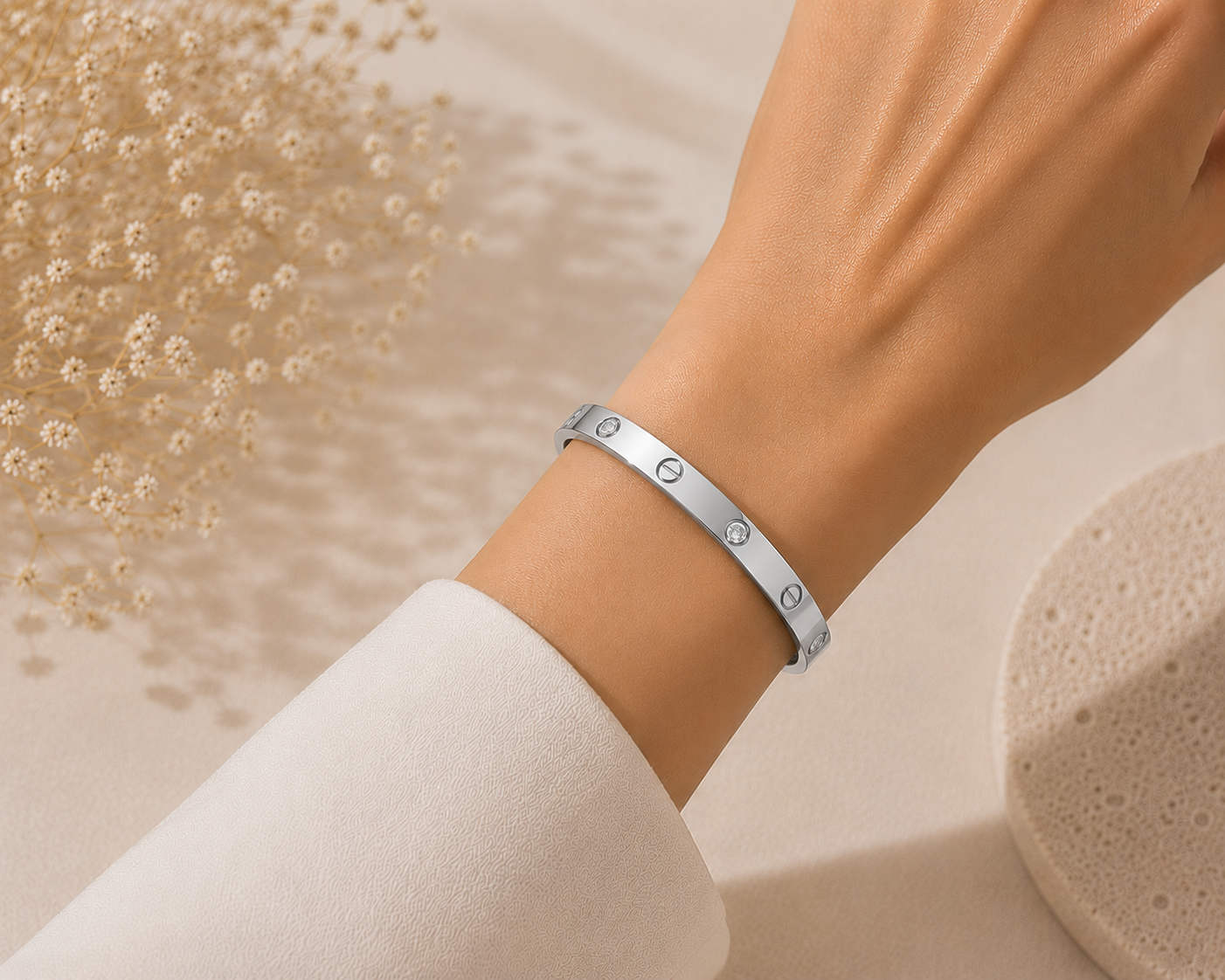 Bold Crystal & Screw Bangle Bracelet - Stainless Steel