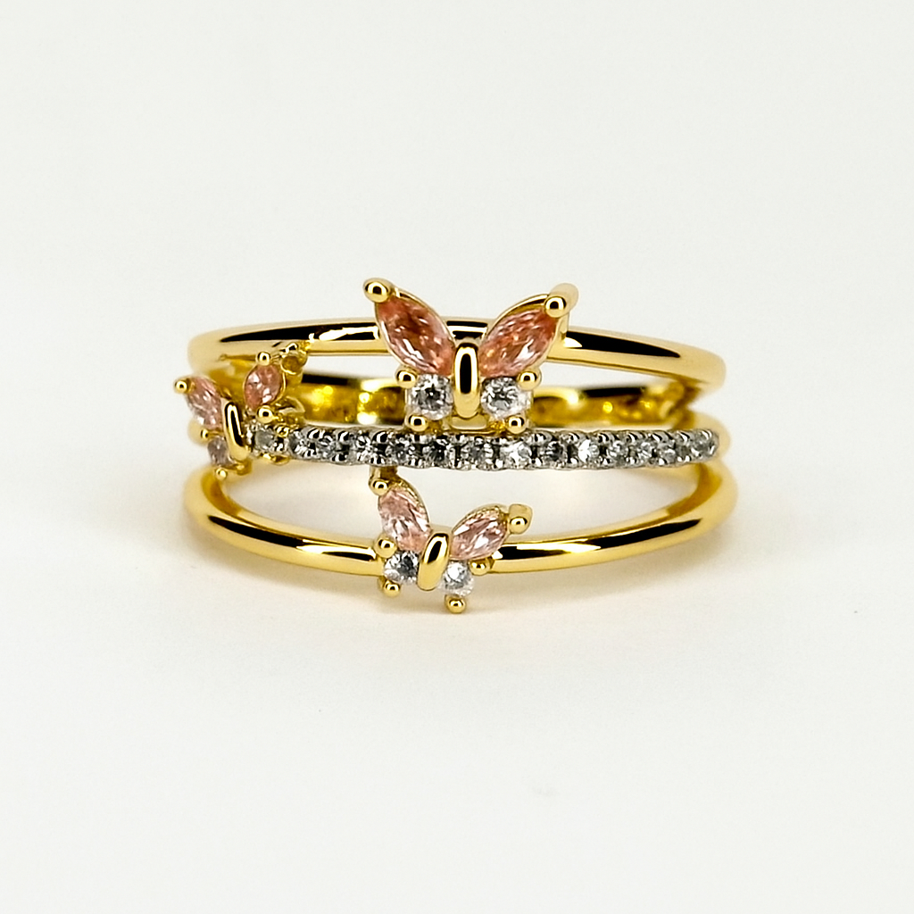 Triple Butterfly Ring – Adjustable Pink Crystal Pavé Band