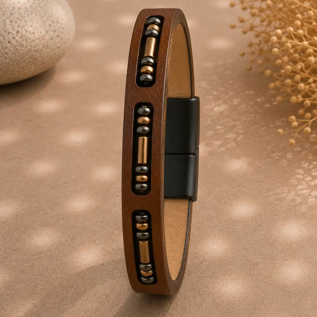 Men's Genuine Leather Beaded Magnetic Bracelet