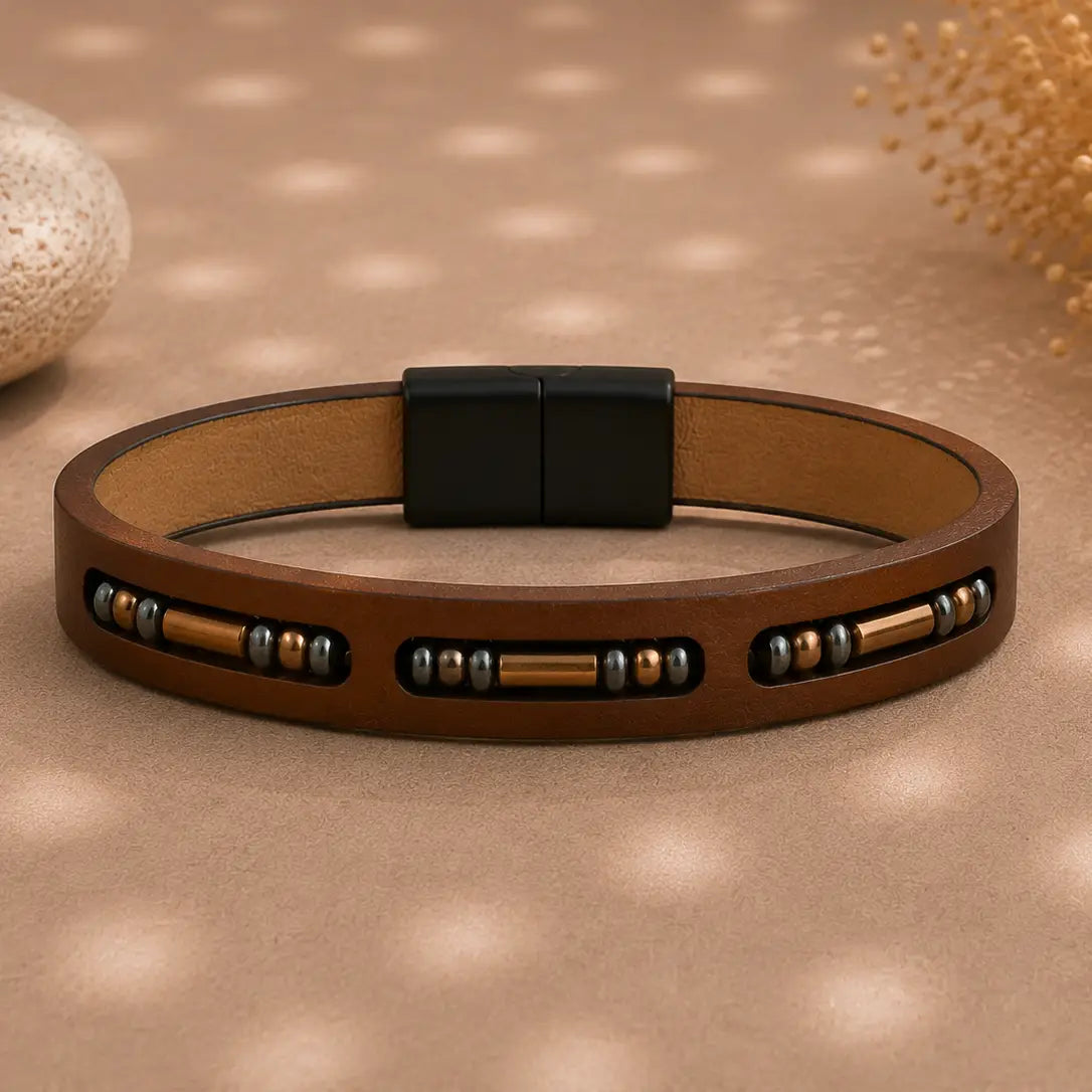 Men's Genuine Leather Beaded Magnetic Bracelet