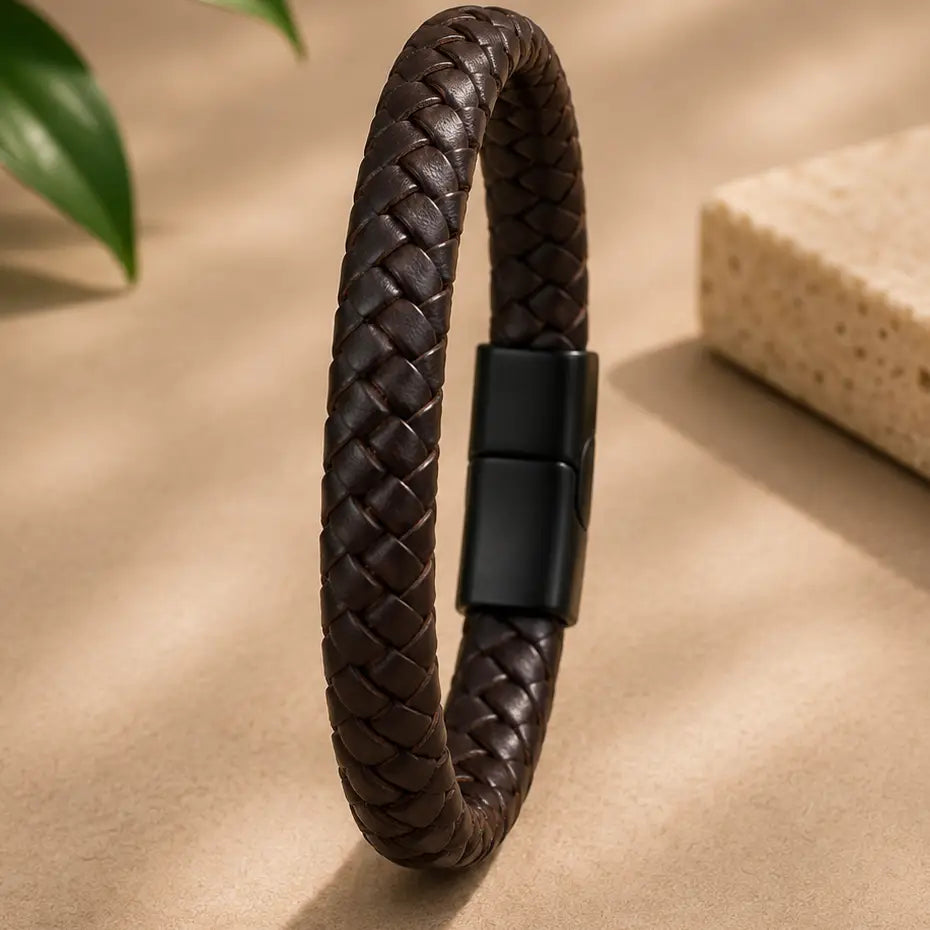 Braided Style Brown Leather Bracelet for Men: Rugged