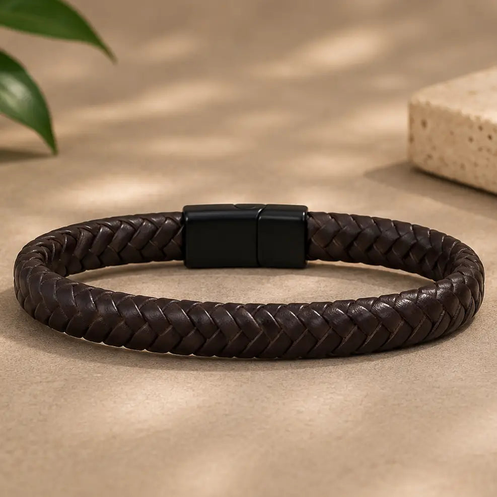Braided Style Brown Leather Bracelet for Men: Rugged