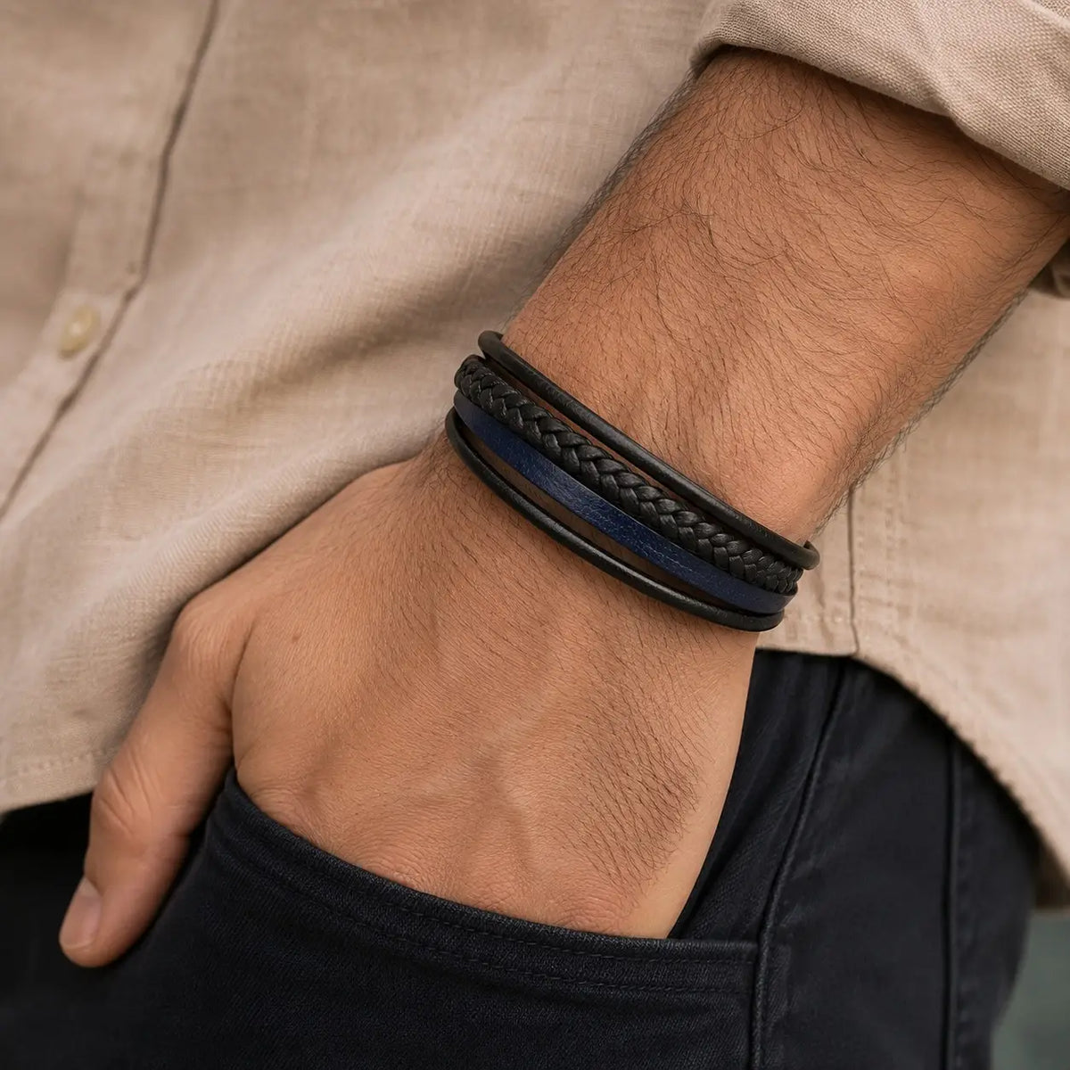 Men’s Multi-Strand Leather Bracelet – Black & Navy