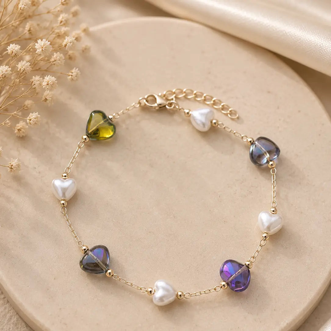 Gold Heart Chain Bracelet with Pearl Accents