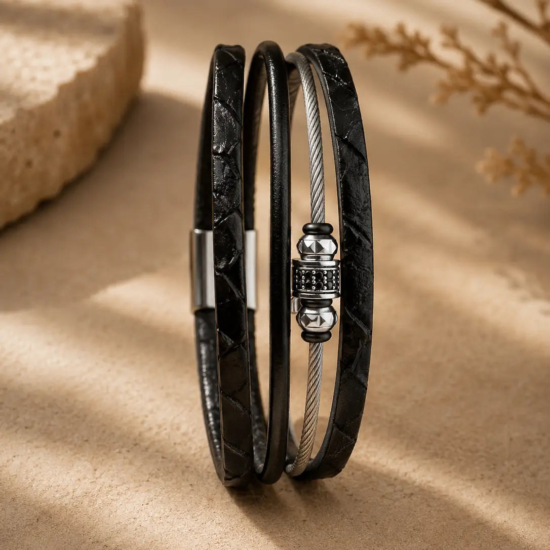 Men's Genuine Snakeskin Leather & Steel Cable Bracelet