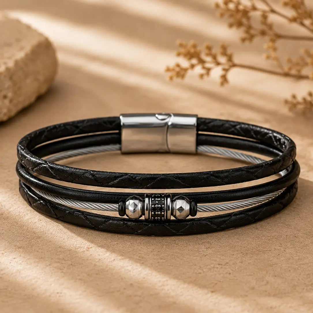 Men's Genuine Snakeskin Leather & Steel Cable Bracelet