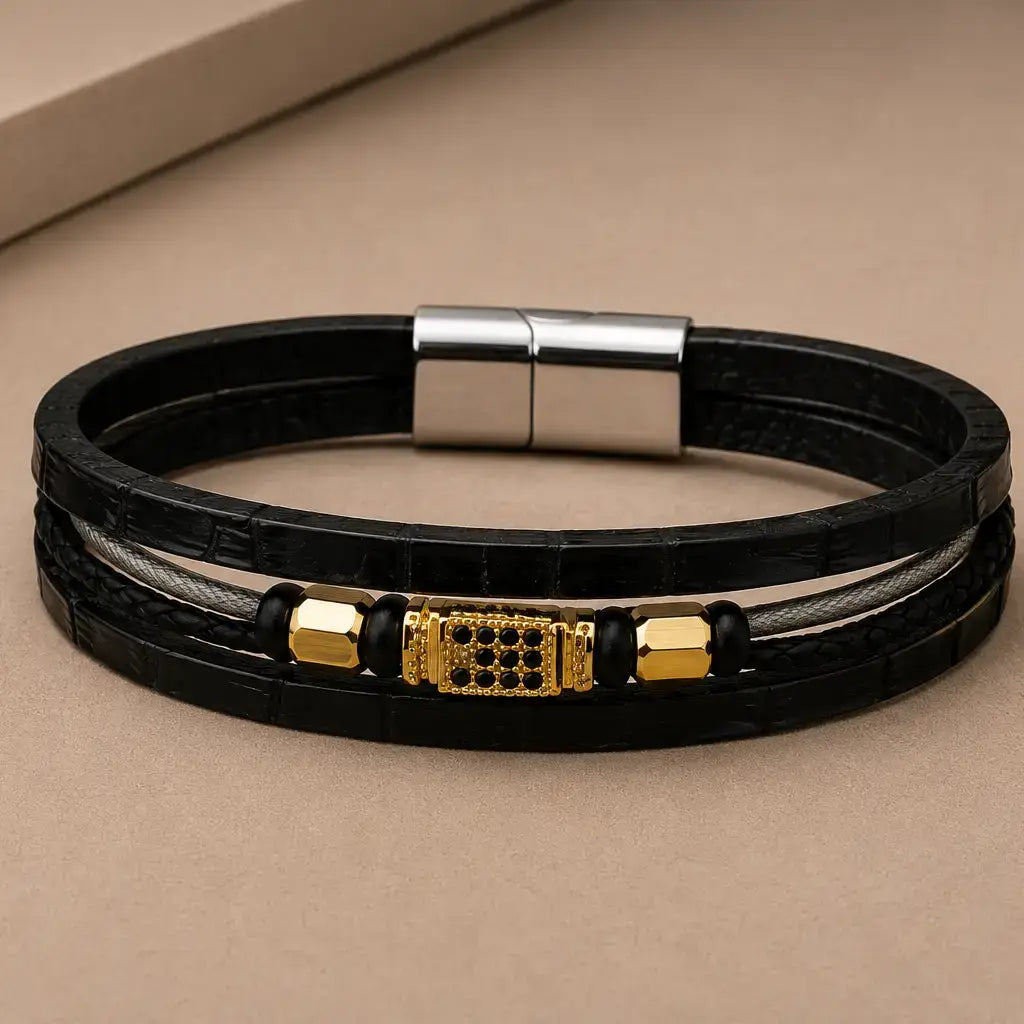 Men's Genuine Snakeskin Leather & Steel Cable Bracelet