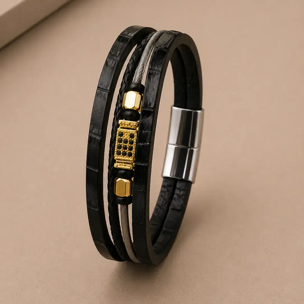 Men's Genuine Snakeskin Leather & Steel Cable Bracelet