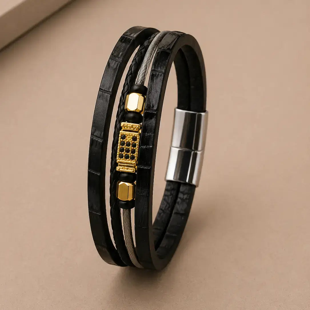 Men's Genuine Snakeskin Leather & Steel Cable Bracelet