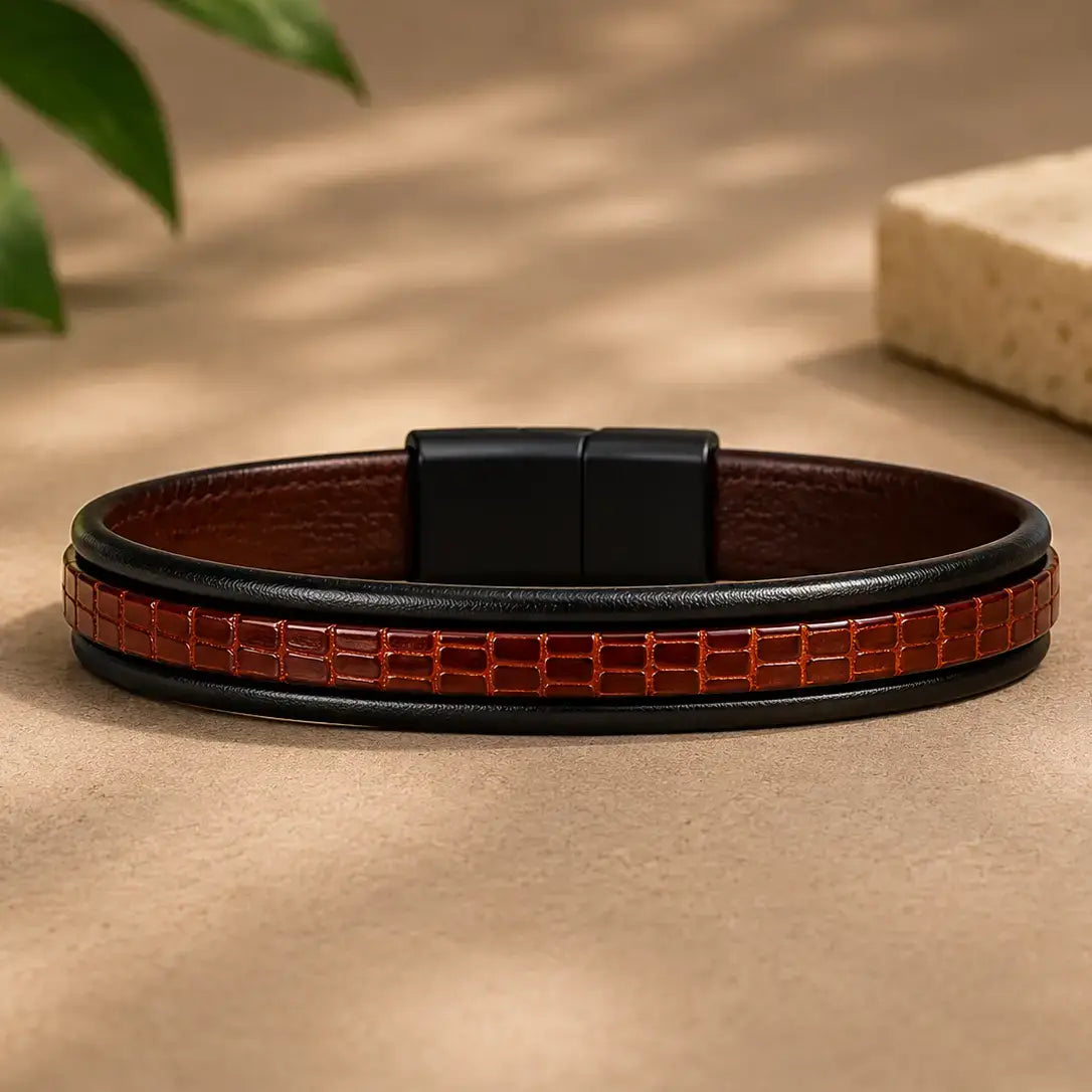 Men's Genuine Leather Bracelet with Magnetic Closure