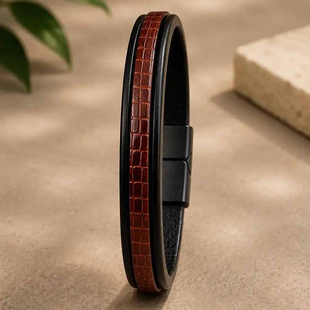 Men's Genuine Leather Bracelet with Magnetic Closure
