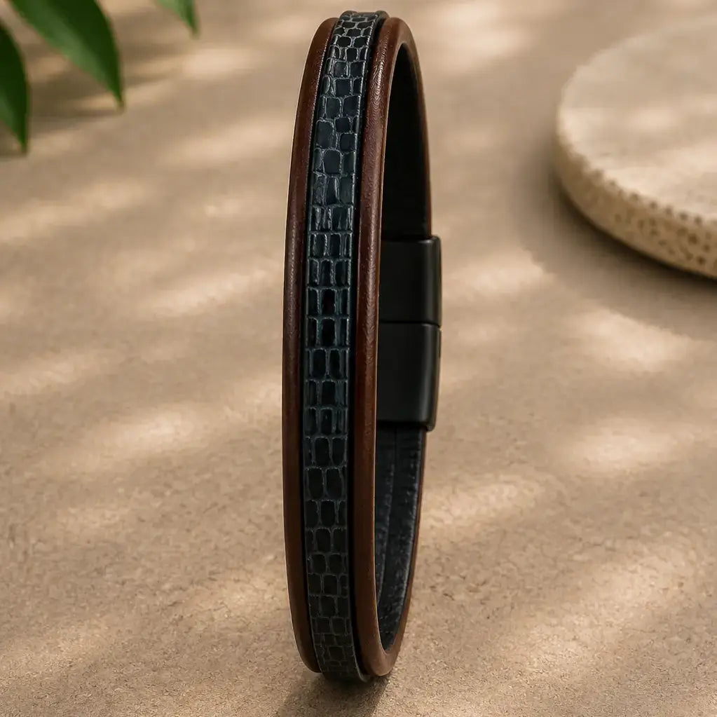 Men's Genuine Leather Bracelet with Magnetic Closure