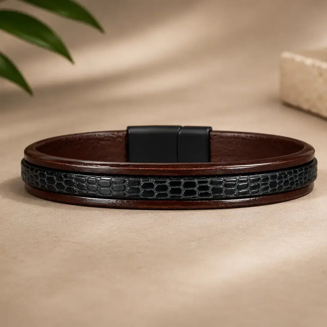 Men's Genuine Leather Bracelet with Magnetic Closure