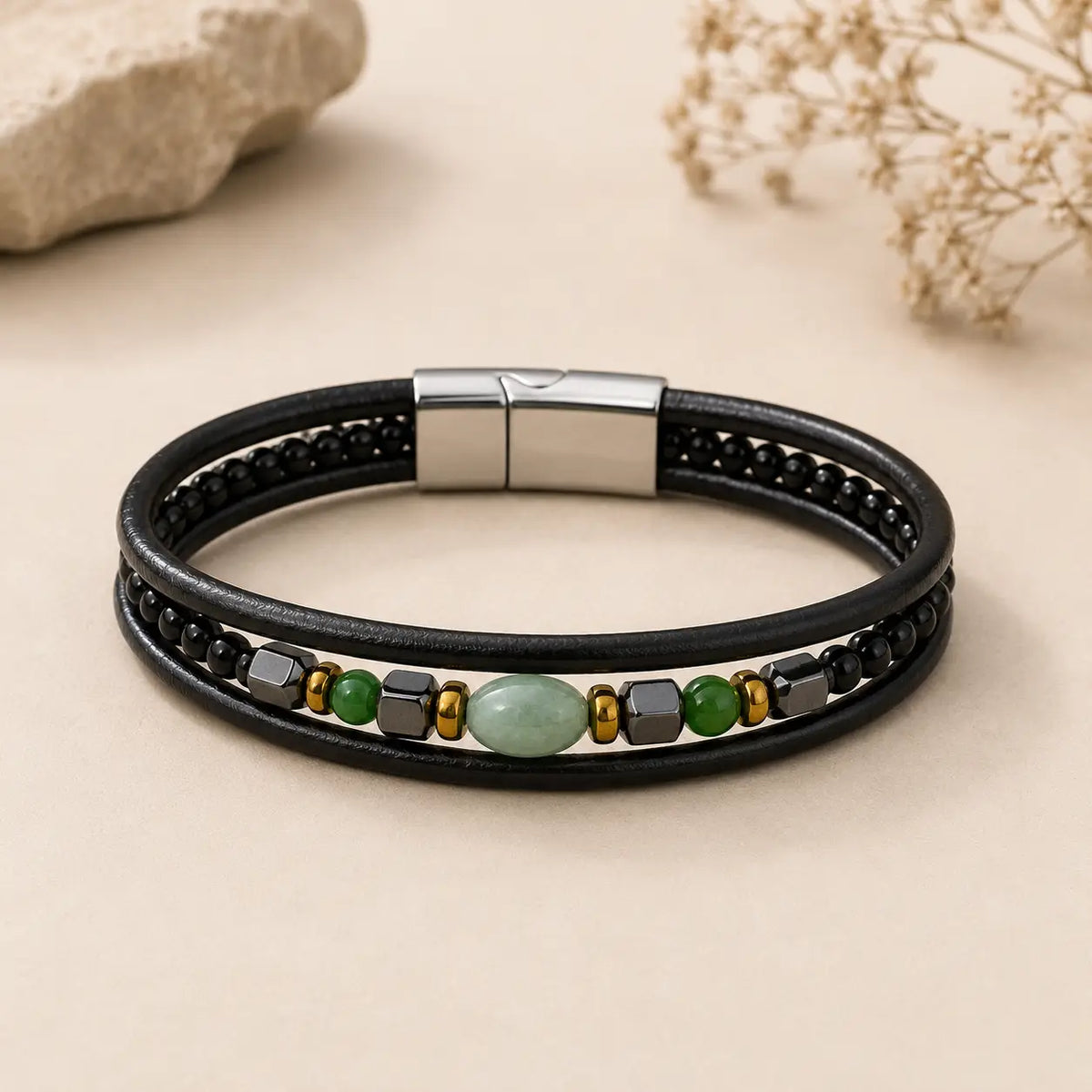 Men's Genuine Snakeskin Leather Bracelet with Natural Stone