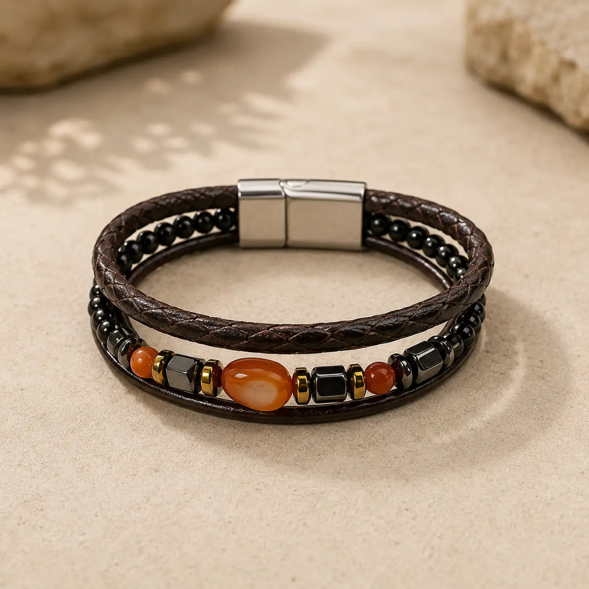 Men's Genuine Snakeskin Leather Bracelet with Natural Stone