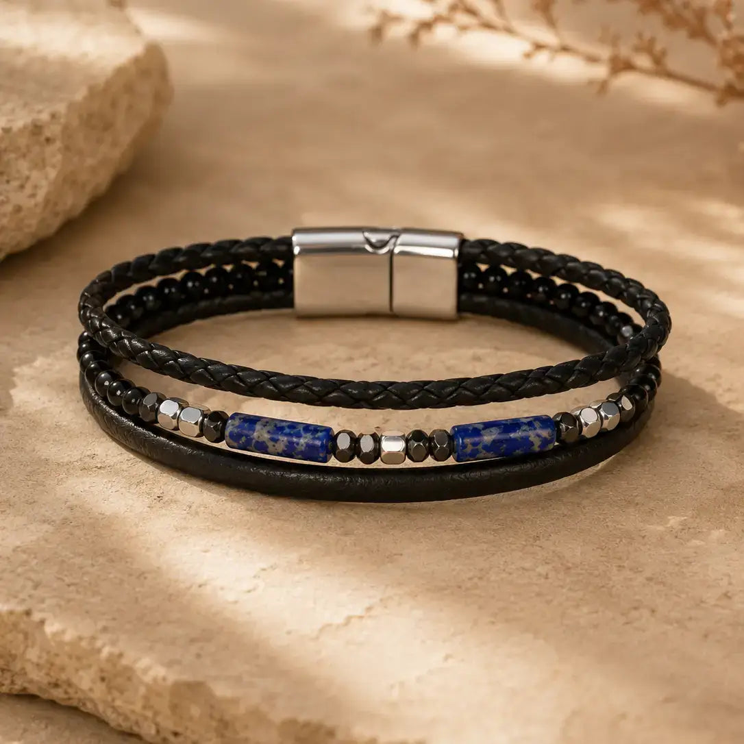 Men's Genuine Snakeskin Leather Bracelet with Natural Stone