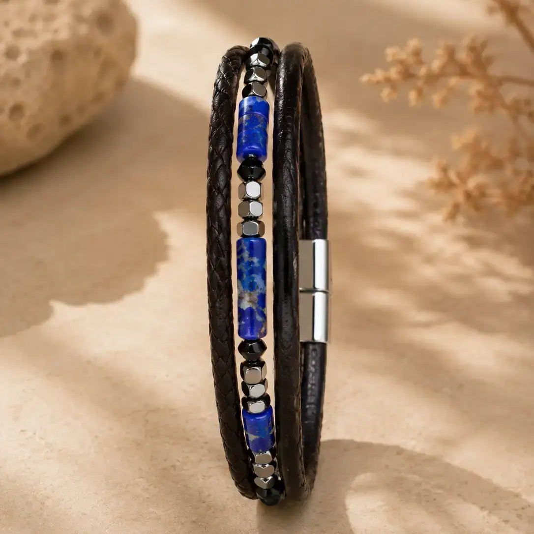 Men's Genuine Snakeskin Leather Bracelet with Natural Stone