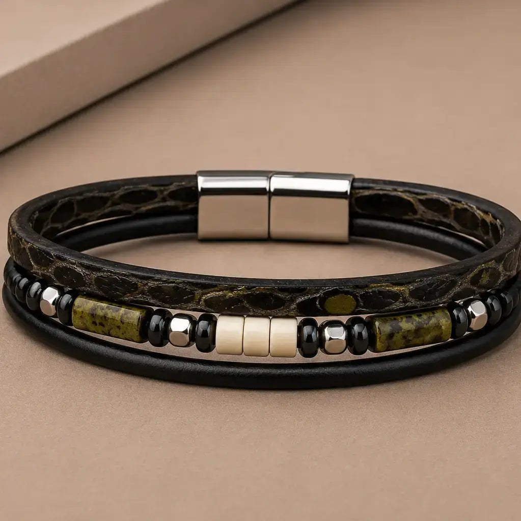 Men's Genuine Snakeskin Leather Bracelet with Natural Stone